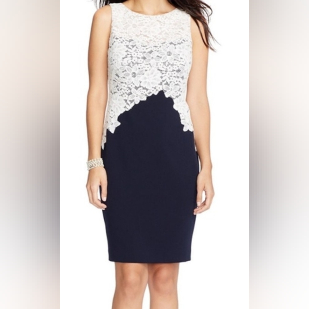 Lauren Ralph Lauren Navy and White Fully Lined Floral Lace Midi Dress